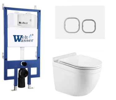 Унитаз с инсталляцией WeltWasser BAMBERG 545+HEIMBACH 043 GL-WT+BAMBERG WT белый/кнопка белая, безободковый, с крышкой микролифт, слив торнадо