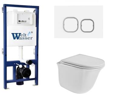Унитаз с инсталляцией WeltWasser BAMBERG 525+TELBACH 004 GL-WT+BAMBERG WT белый/кнопка белая, безободковый, с крышкой микролифт