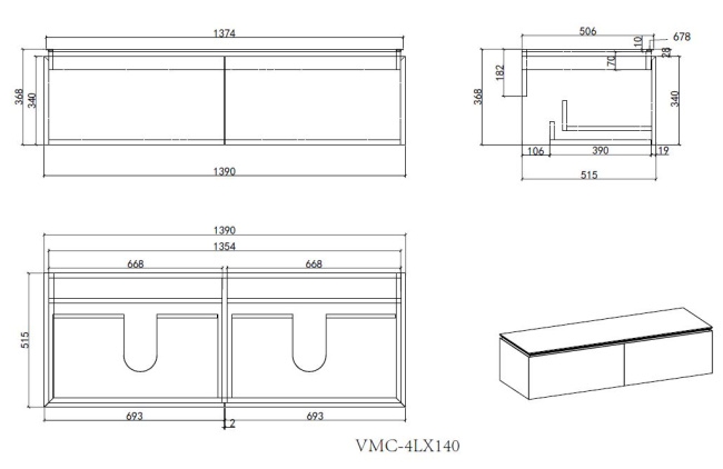 Vincea Luxe 1400 подвесная, 2 выкатных ящика soft close, натуральный орех