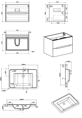 PARLY Тумба River80 подвесная с раковиной 800x480x550