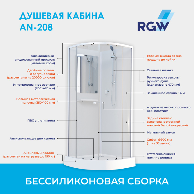 RGW AN-208 Полукруг/мат. хром/Прозрачное/5 мм/100*100*200
