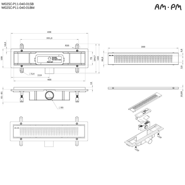 Am.Pm PrimeFlow 40 W02SC-P11-040-01BM с Черной матовой решеткой Cut Gradient