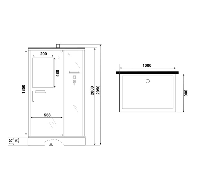 Niagara Standart ST100/80/15Q/BK (100х80х200) прямоугольник,поддон 15см,распашная,проф.белый,без крыши,3 места
