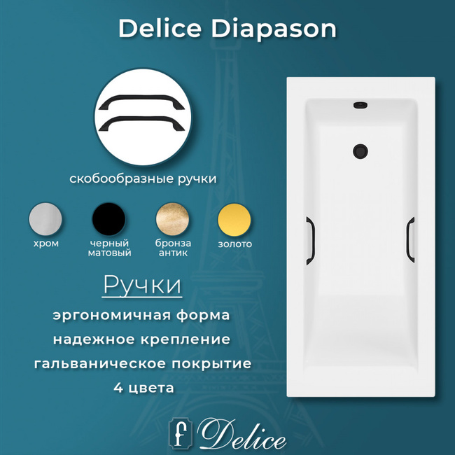 Delice Diapason 175х75 матовая с черными ручками (в комплекте только ванна, без ножек и слива-перелива)